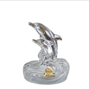 Vintage Oneida Lead Crystal Dolphin Figurine Mother & Calf Made in Italy Frosted